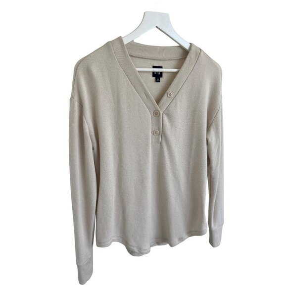 Gap Marled Henley V-Neck Top Oyster Beige - Picture 3 of 4